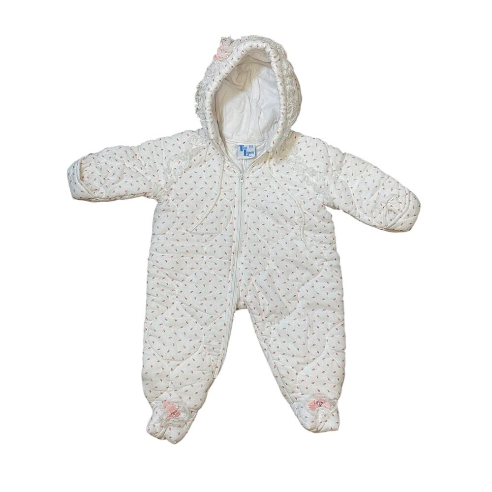 Vintage 70s Tot Lines USA made Baby Snow Suit Small roses frilly talon zipper